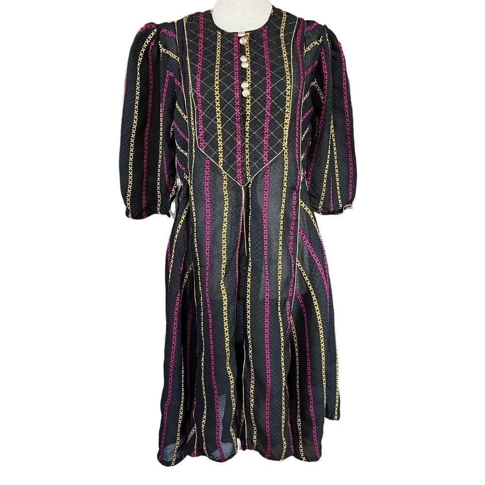 BLACK Semi Sheer Handmade Embroidered Pink & Yellow Striped Midi Dress Size L